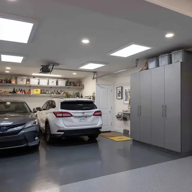 Renovated garage with two cars, storage, and grey floor.