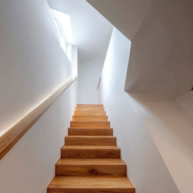 Wooden staircase with a lighted handrail leading up.