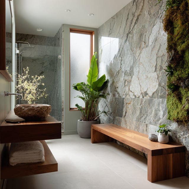 Serene Pacific Northwest bathroom with biophilic design elements.