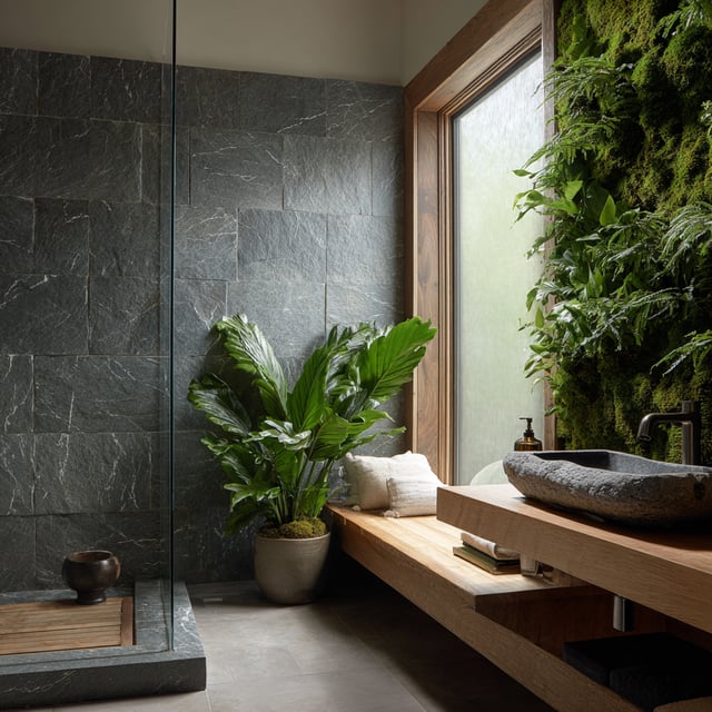 A serene bathroom with a living wall and stone sink.