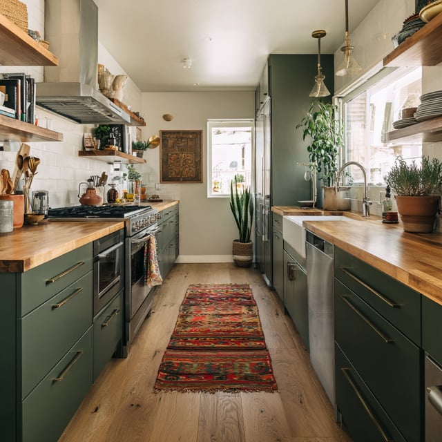 A sleek galley kitchen with green cabinets and wood counters.