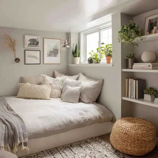 Bright, cozy basement bedroom with pillows and plants.