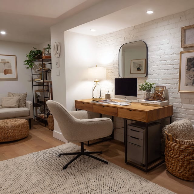 A cozy, well-lit home office nook integrated into a finished basement.
