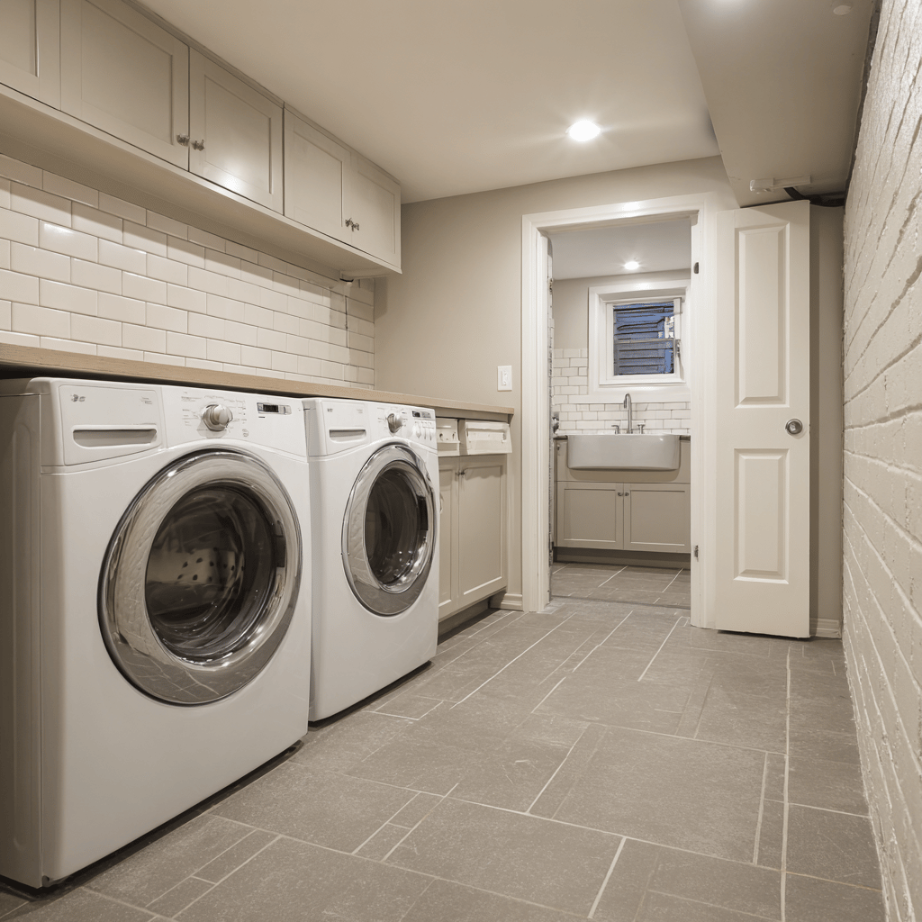 Basement laundry room with grey tile floor and subway tile.