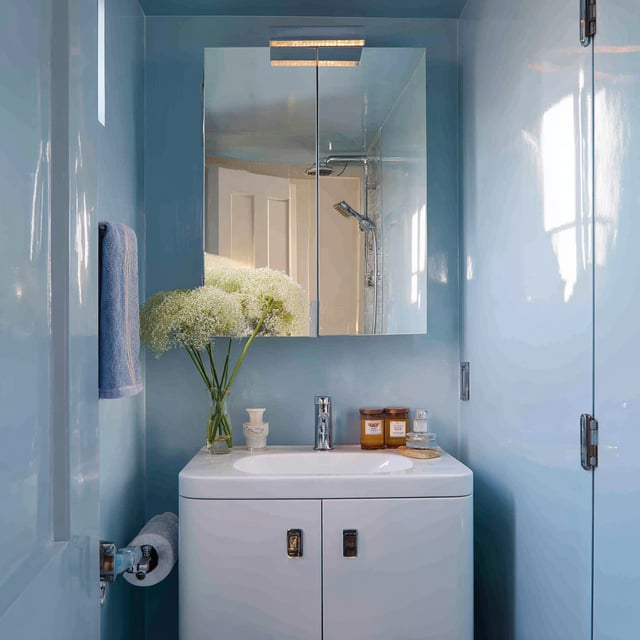 A small bathroom is defined by smooth, light blue painted walls, featuring a white vanity with a sink and faucet, a mirrored medicine cabinet above it, and a glass vase with white flowers on the counter.