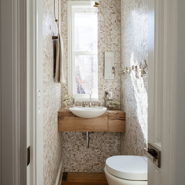 A small powder room features walls tiled with mosaic stone in varying beige and brown tones, a floating wooden vanity with a white vessel sink, a toilet, a tall narrow window, and a towel hanging on the left wall.
