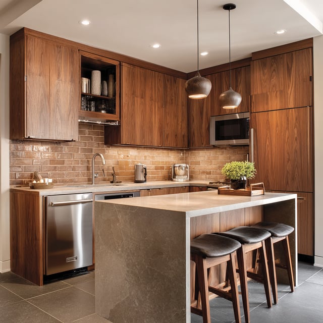 A contemporary kitchen features dark wood slab cabinets, a light gray stone countertop and island with three stools, stainless steel appliances including a dishwasher and a microwave, a brown subway tile backsplash, and two copper-toned pendant lights hanging over the counter.