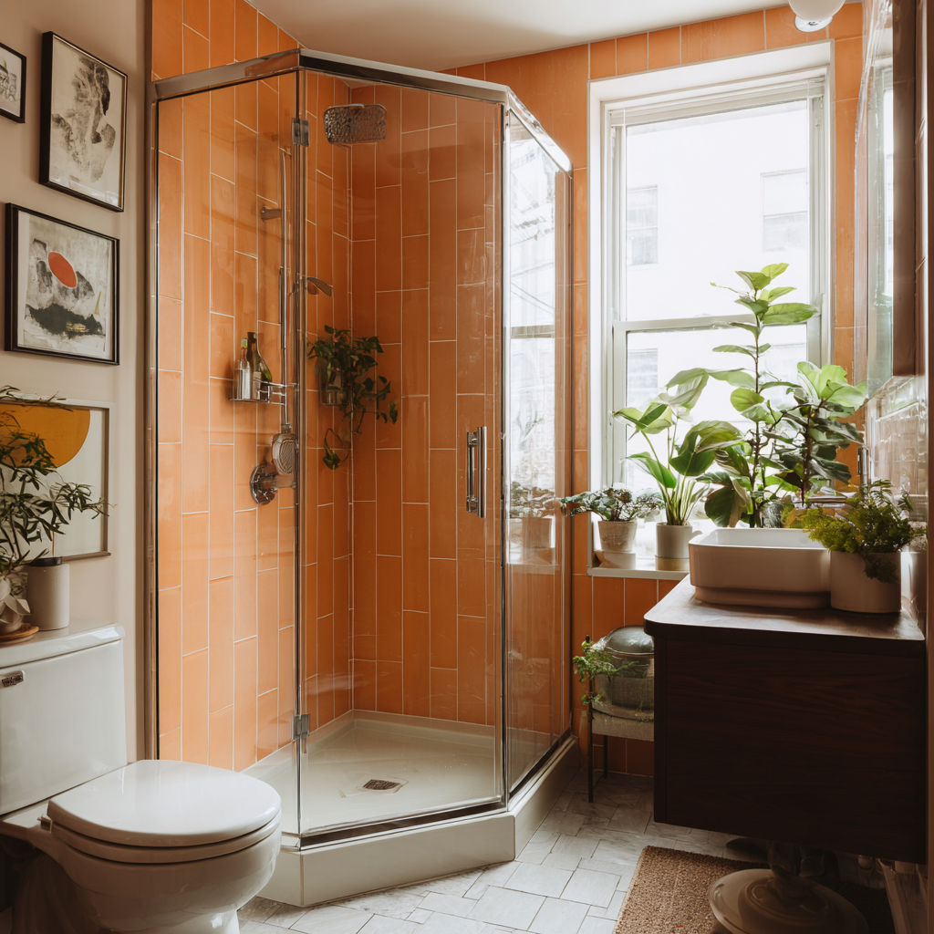 This compact urban bathroom showcases a neo-angle glass shower clad in warm orange tile and fitted with a ceiling-mounted rainfall showerhead, complemented by abundant natural light, indoor plants, and clean-lined modern fixtures for a cozy yet vibrant feel.