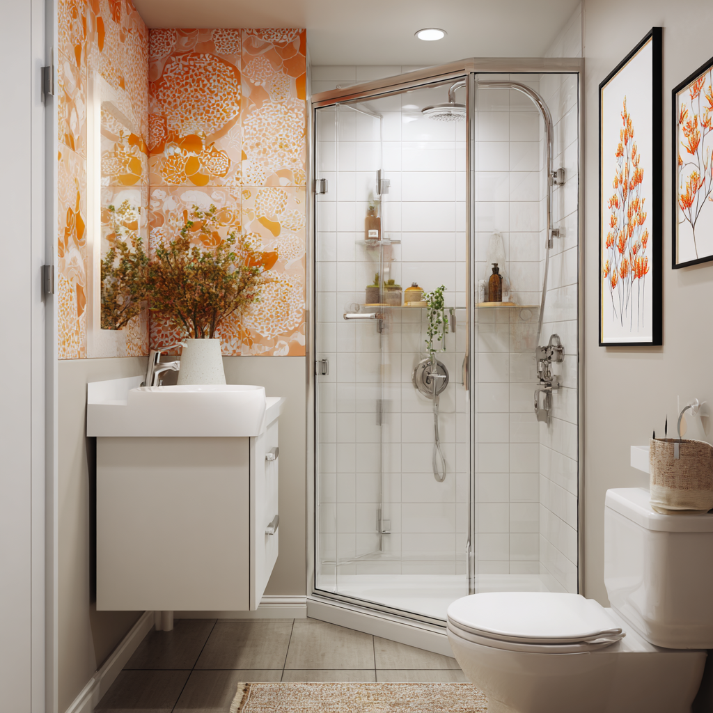 compact neo-angle corner shower bathroom with bold accent tile