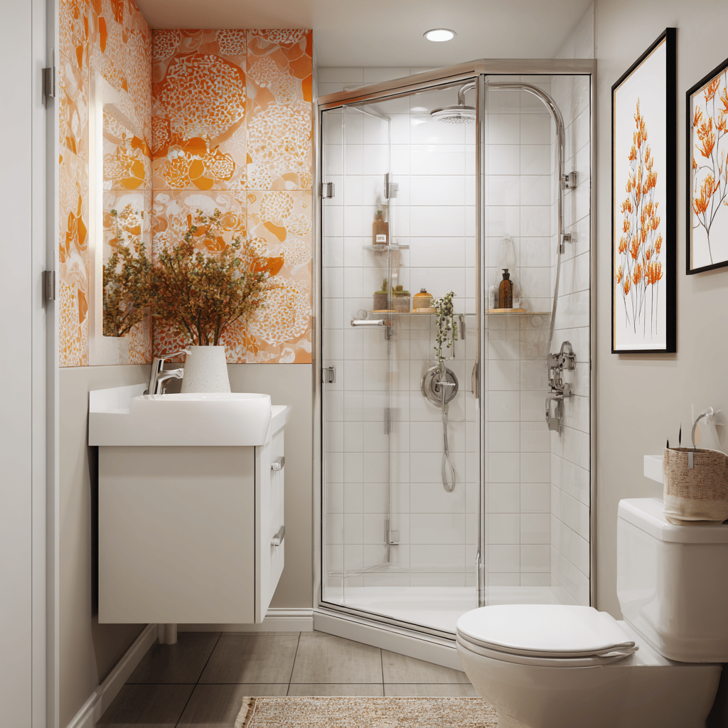 Bright bathroom with a corner glass shower and orange wallpaper.