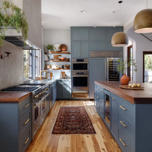 A spacious 15x20 modern kitchen with blue cabinets and a large wooden island.