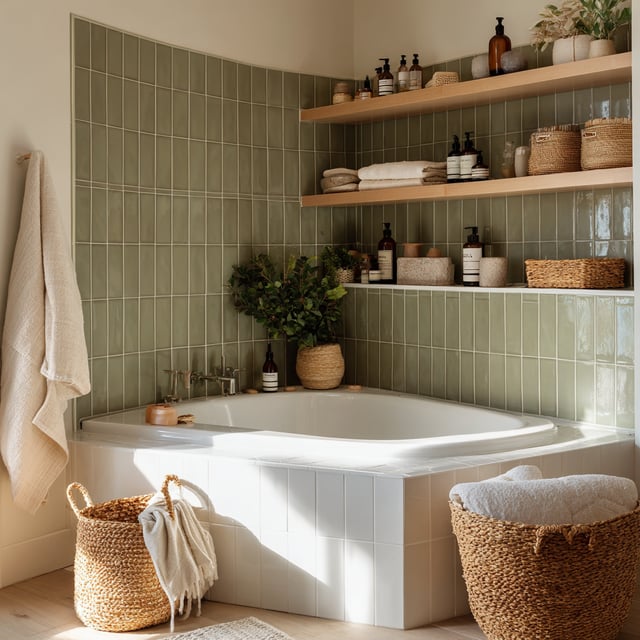 A spacious corner soaking tub with angled backrest.