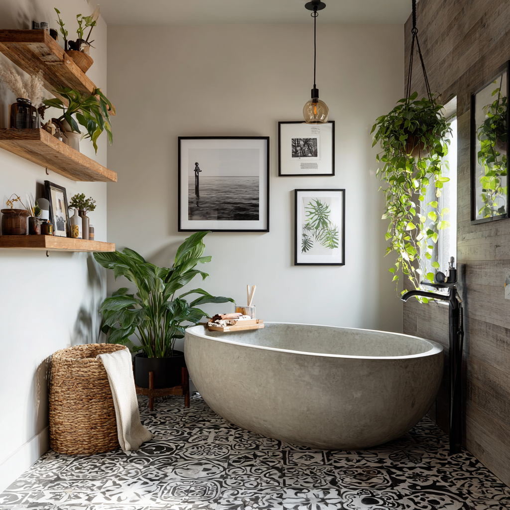 Rounded concrete freestanding tub with patterned floor tile.
