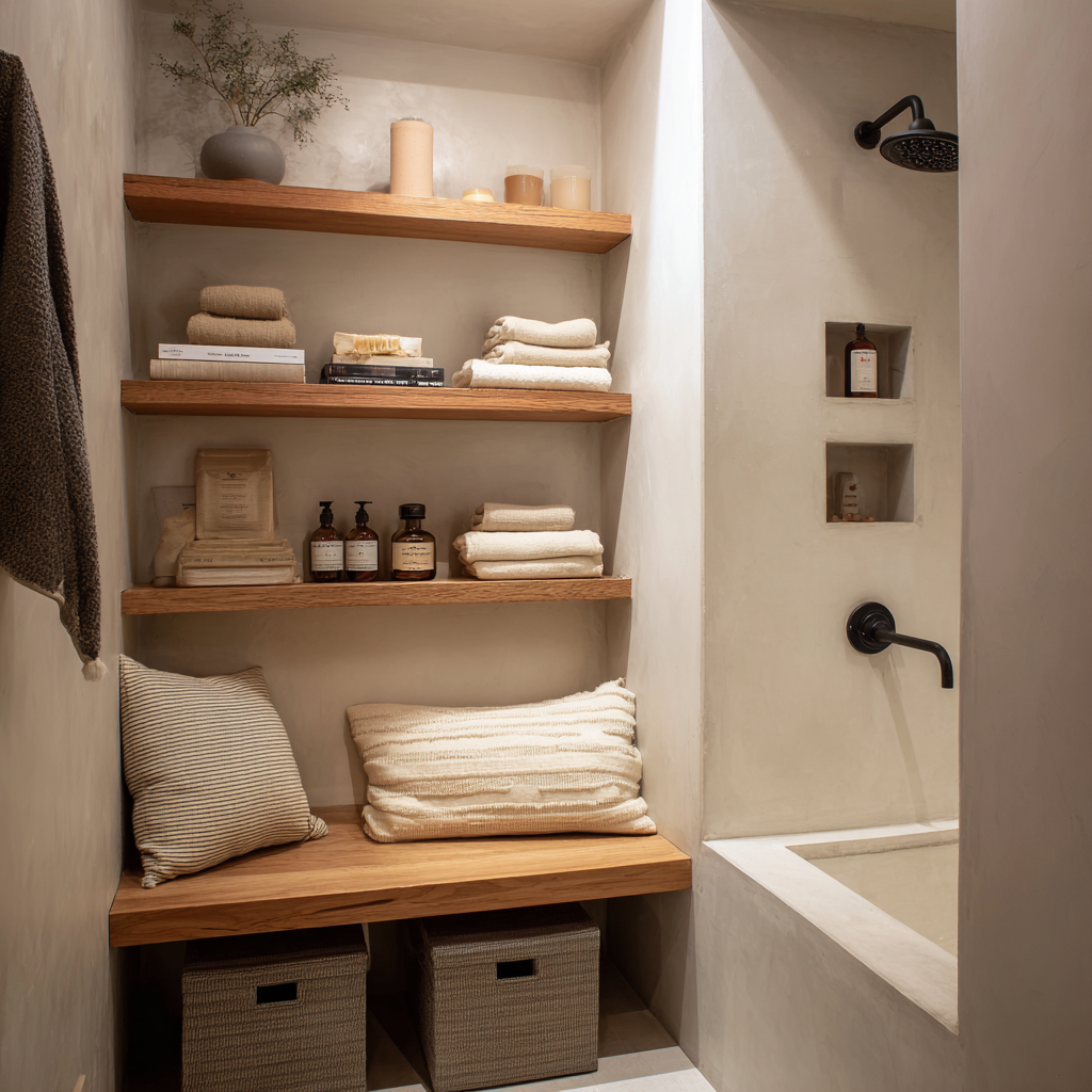 Minimalist plaster bathroom with open wood shelves.