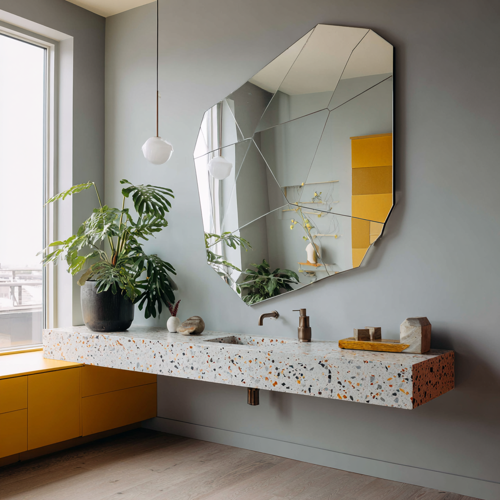 A striking bathroom scene features a large, frameless, irregularly-shaped mirror composed of several angular panels mounted on a light gray wall above a floating, thick white terrazzo countertop sink with multi-colored aggregate, a brass faucet, and a black-potted monstera plant.