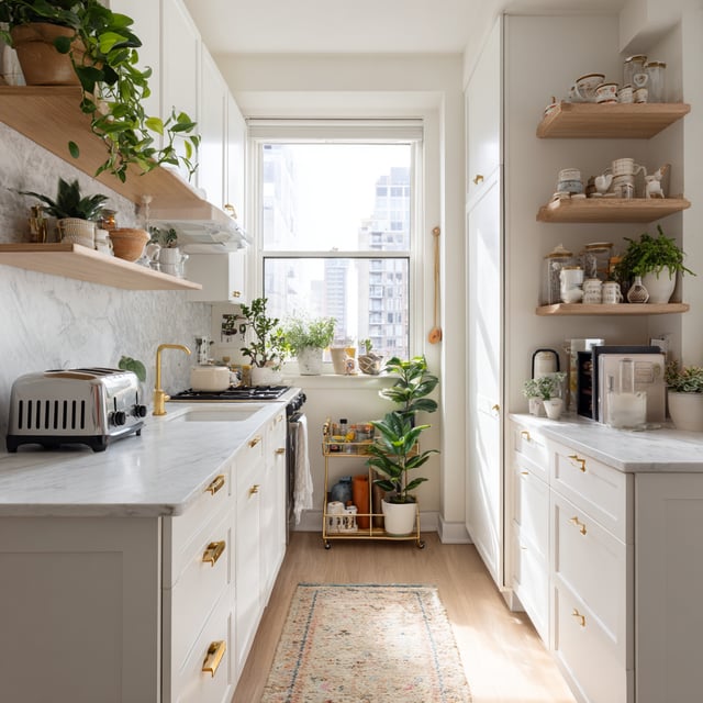 A bright, white kitchen with open shelving and plants.