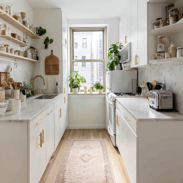 A bright galley kitchen with white cabinets and marble counters.