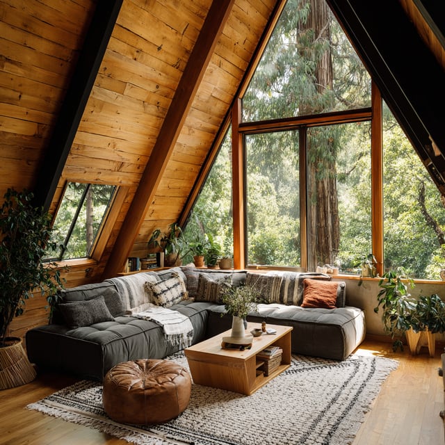  Cozy A-frame living room with wood walls and forest views.