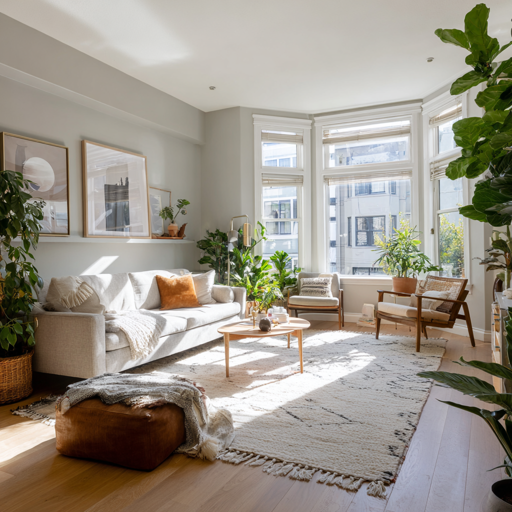 Sunlit Scandinavian living room with large windows and lush plants.