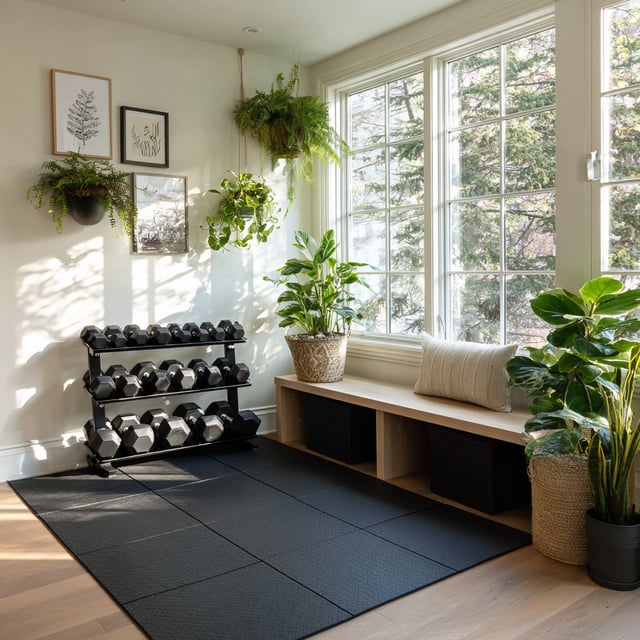 A sunlit home gym corner with a black dumbbell rack, floor mats, and plants.