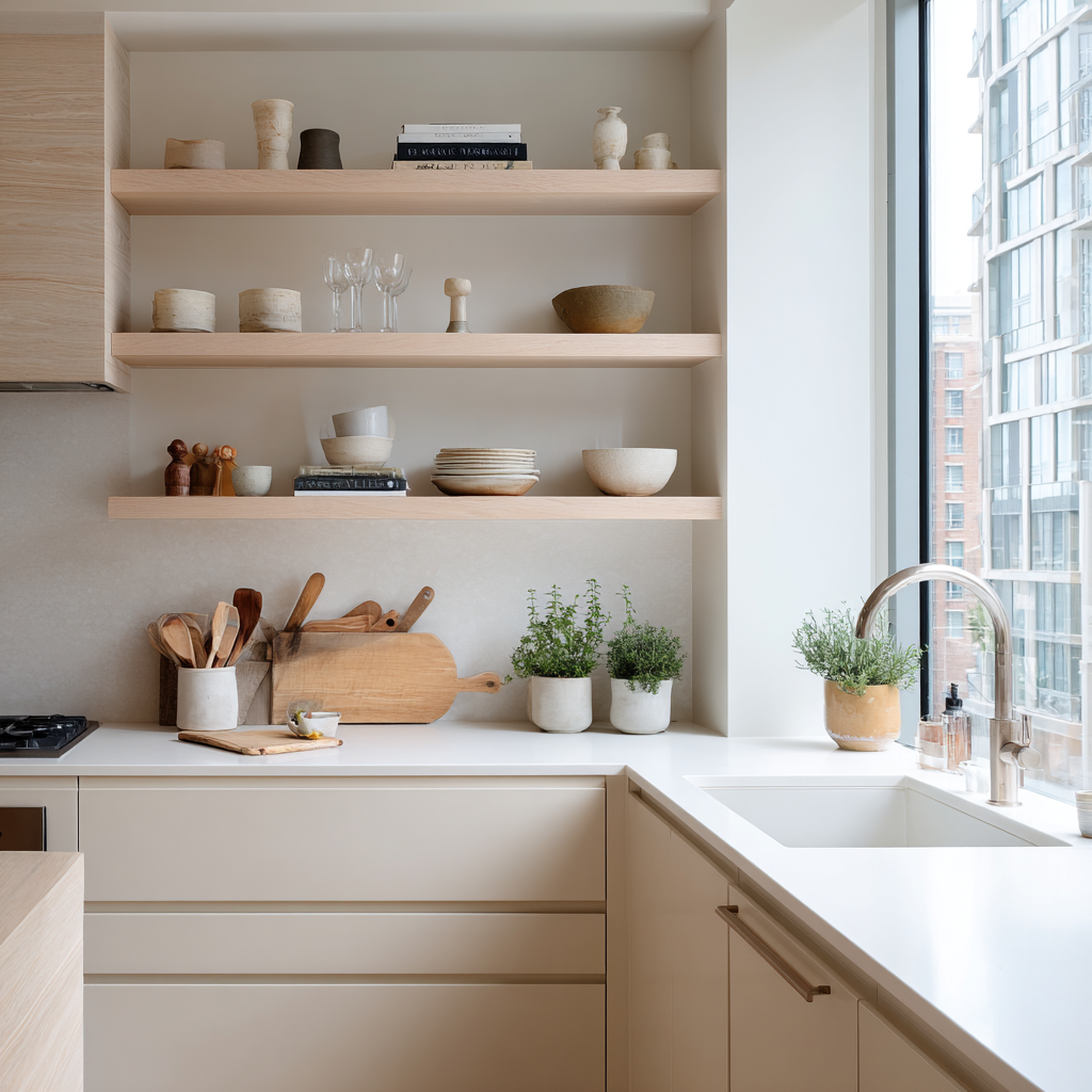 Gemini said Minimal white kitchen with wood shelves and green plants.