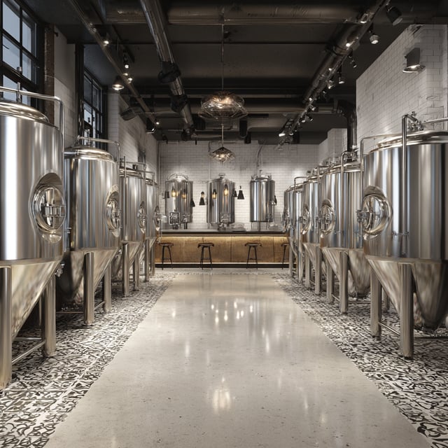 A row of stainless steel fermentation tanks in a brewery.