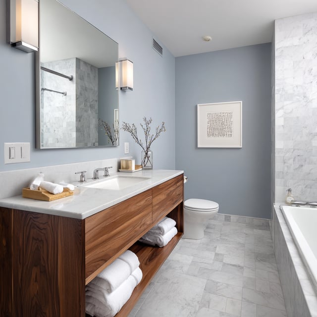 A tranquil guest bathroom features soft blue-gray walls, white marble tile, a wood vanity with a white countertop, and modern lighting fixtures.