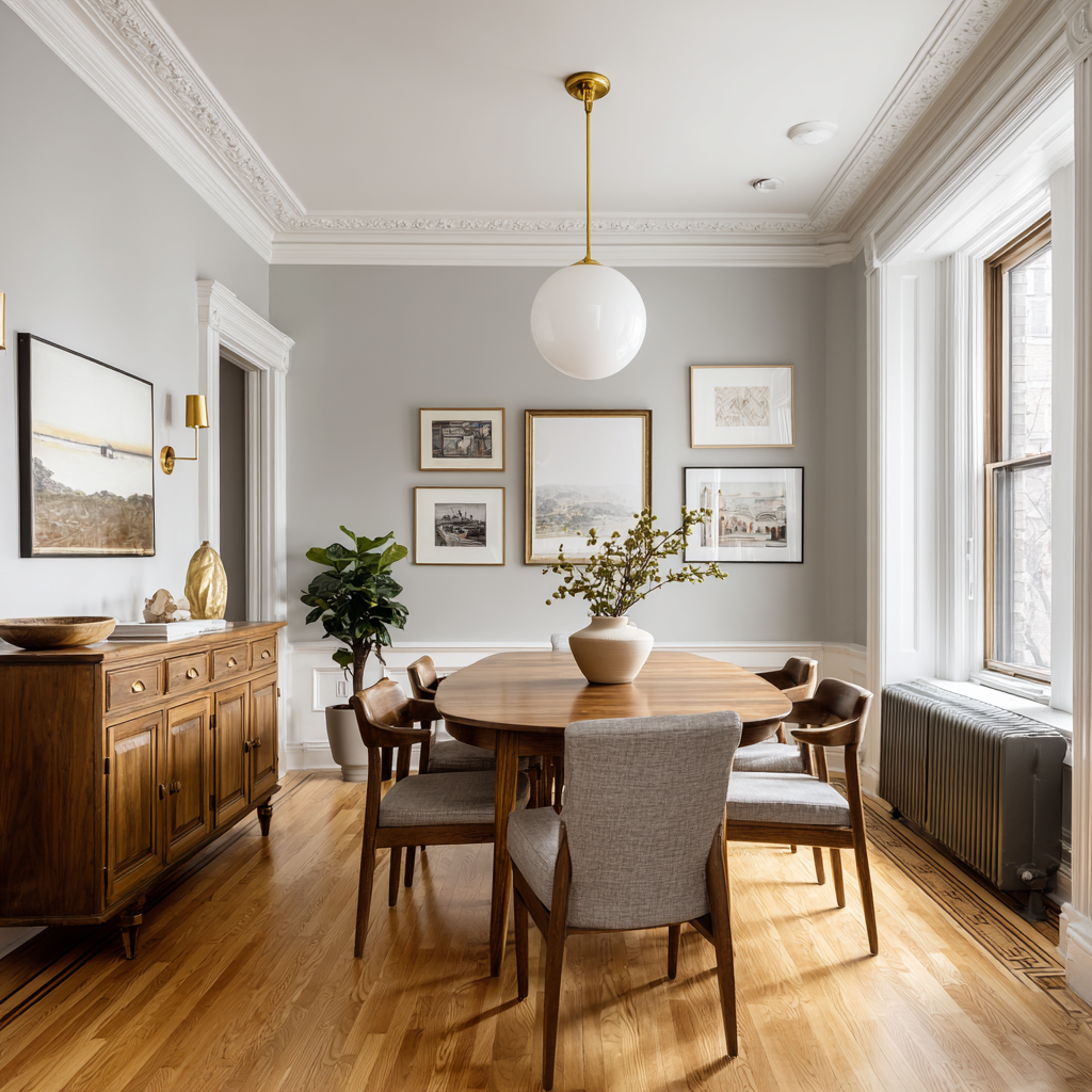  Sunlit transitional dining room with wood floors and a globe light.