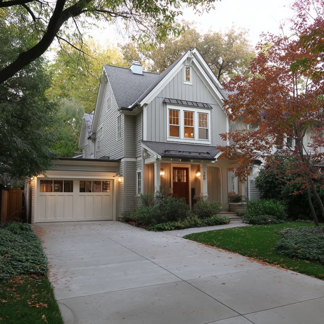 Gray two-story gabled home with a white garage and driveway.