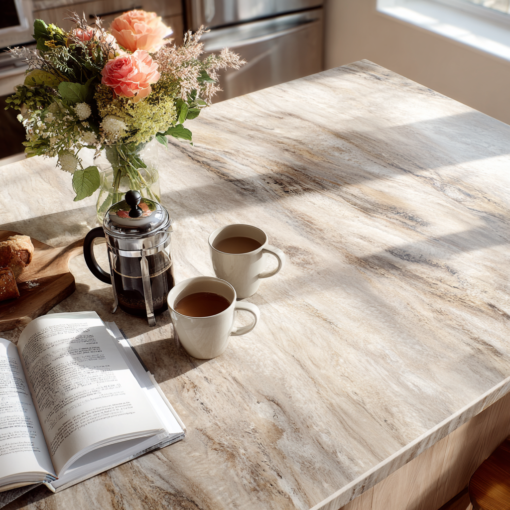 A warm kitchen with coffee, flowers, and an open book.