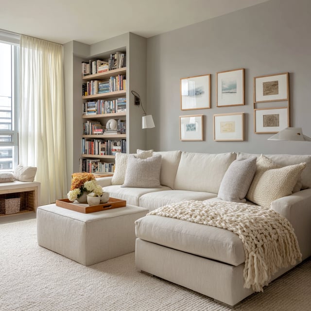 A cozy living room featuring a white sectional sofa, gray walls decorated with framed art, and a built-in bookshelf.