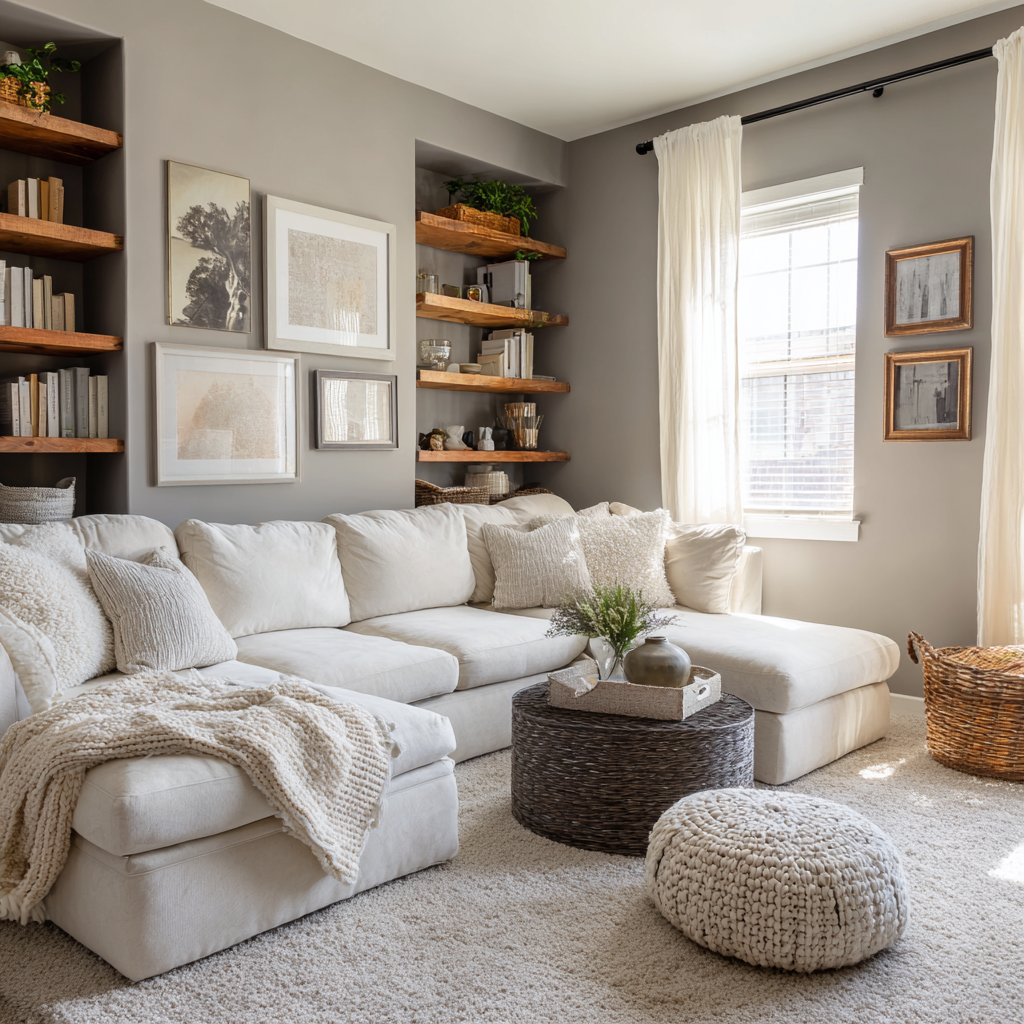Cozy living room with gray walls and a white sectional sofa.