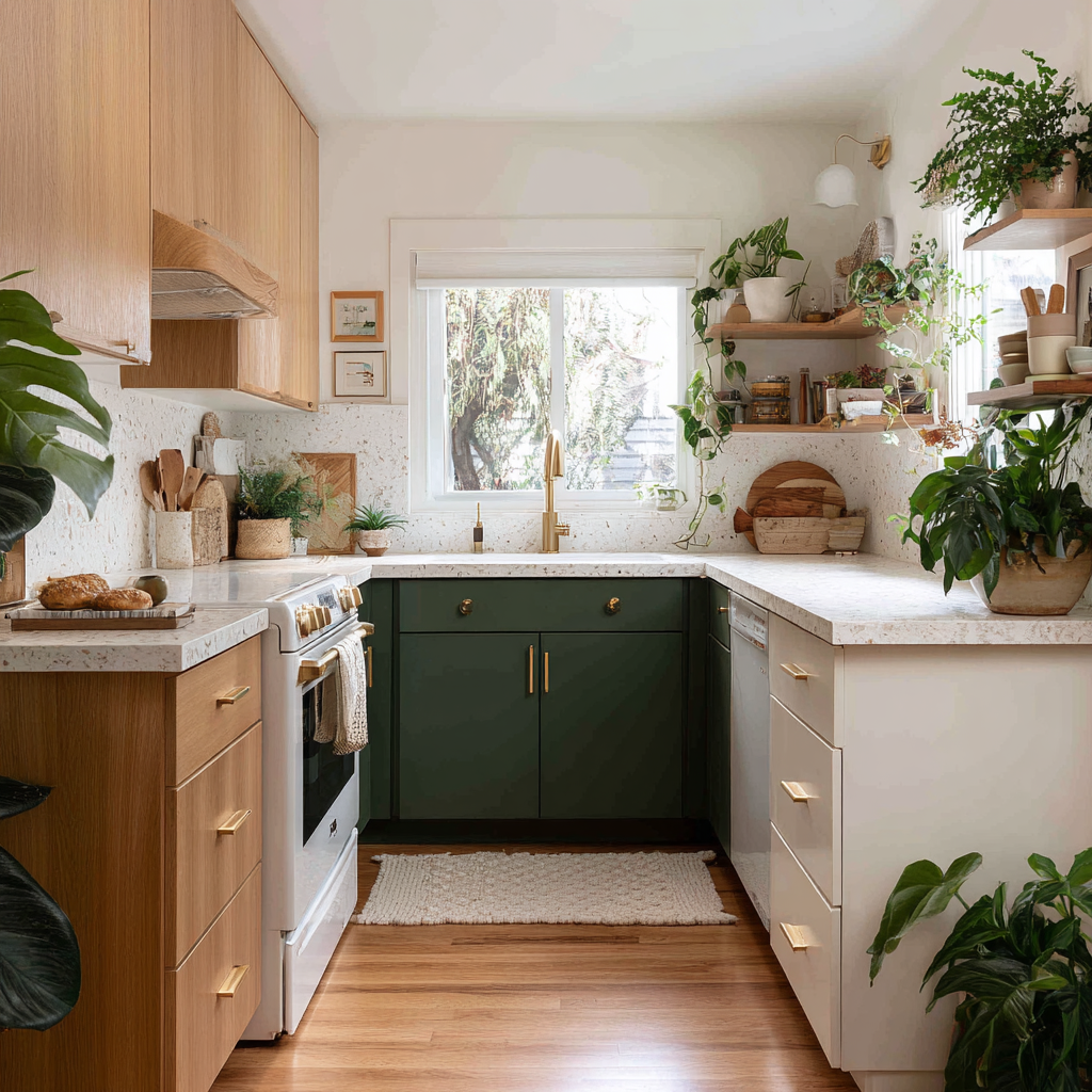 A cozy L-shaped kitchen with light oak uppers, white cabinetry, deep green lower cabinets, brass hardware, and abundant greenery.