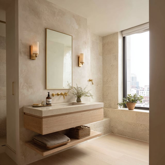 Modern bathroom with a floating wood vanity and gold fixtures.