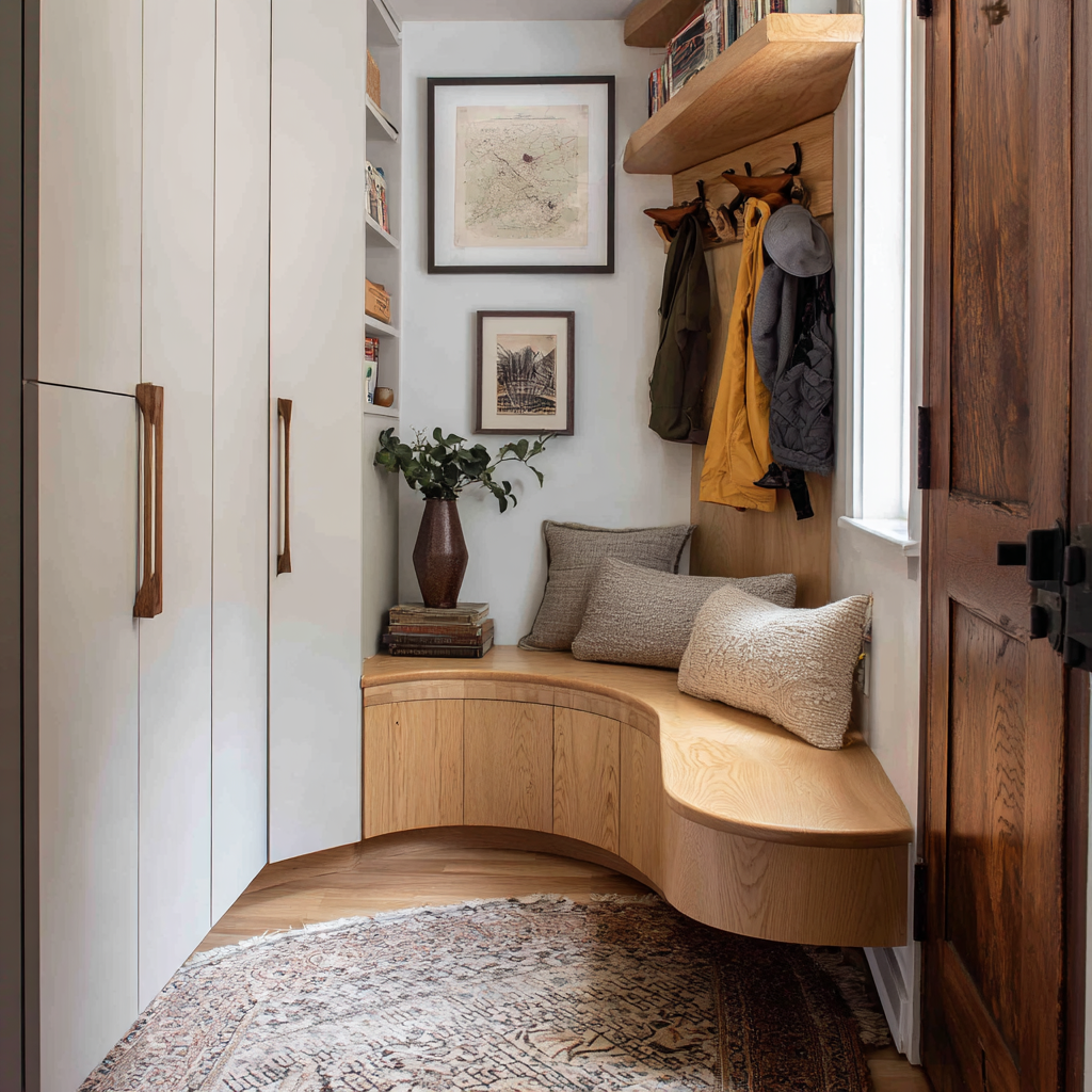 Compact custom mudroom nook with a rounded-edge millwork bench in light oak, white flat-panel cabinetry, warm wood accents, wall hooks, framed art, and a neutral vintage-style patterned rug in a modern organic design.