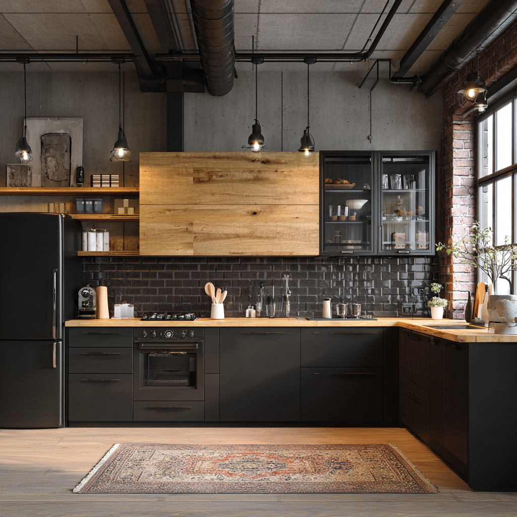 An industrial-style kitchen with matte black cabinets, warm wood accents, exposed ducts, brick walls, and pendant lighting.