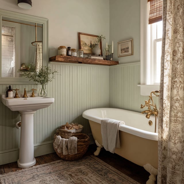 A vintage-inspired bathroom features pale green beadboard walls, a white pedestal sink with brass fixtures, a freestanding clawfoot tub, and a wooden shelf displaying decorative items.
