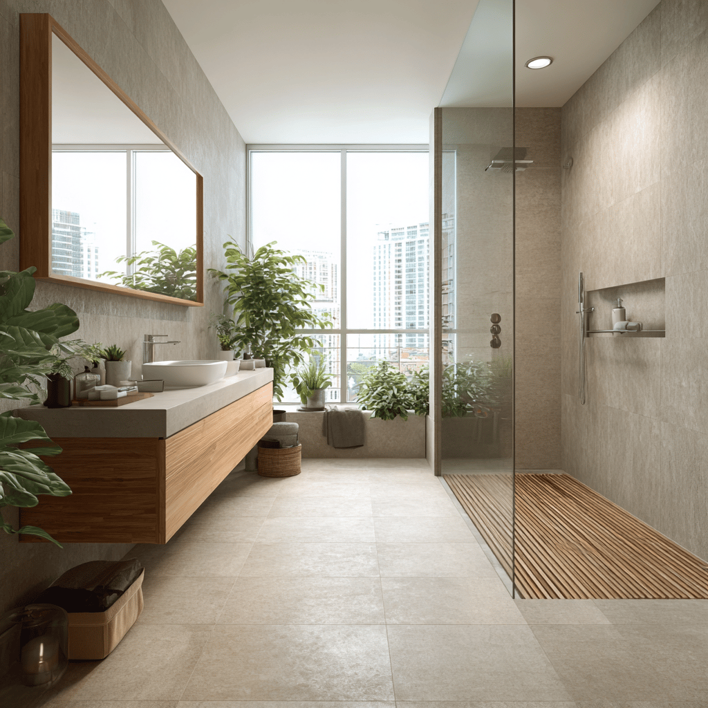 Modern bathroom with a wood vanity and glass shower.