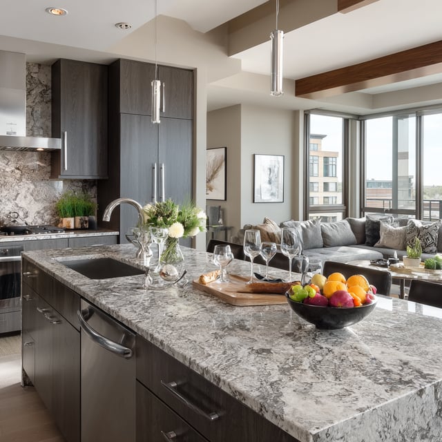 An open-concept kitchen features dark wood cabinets, a speckled gray granite countertop, and stainless steel appliances, with a view of a living area through a large window.