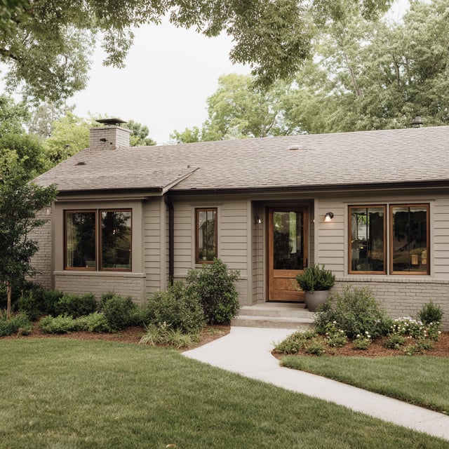A light gray house with brown wood windows, front door, and lush green lawn.