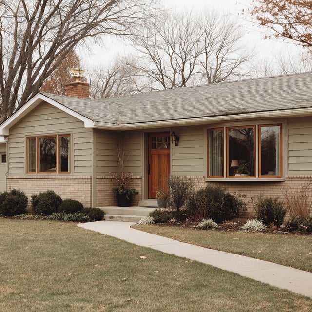 Single-story home exterior with wood windows and light siding.