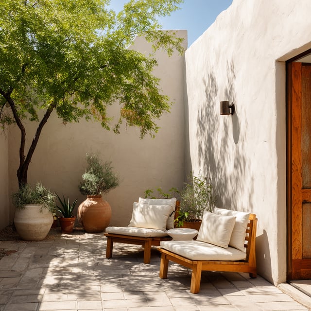 Sun-drenched patio with wood chairs and potted desert plants.