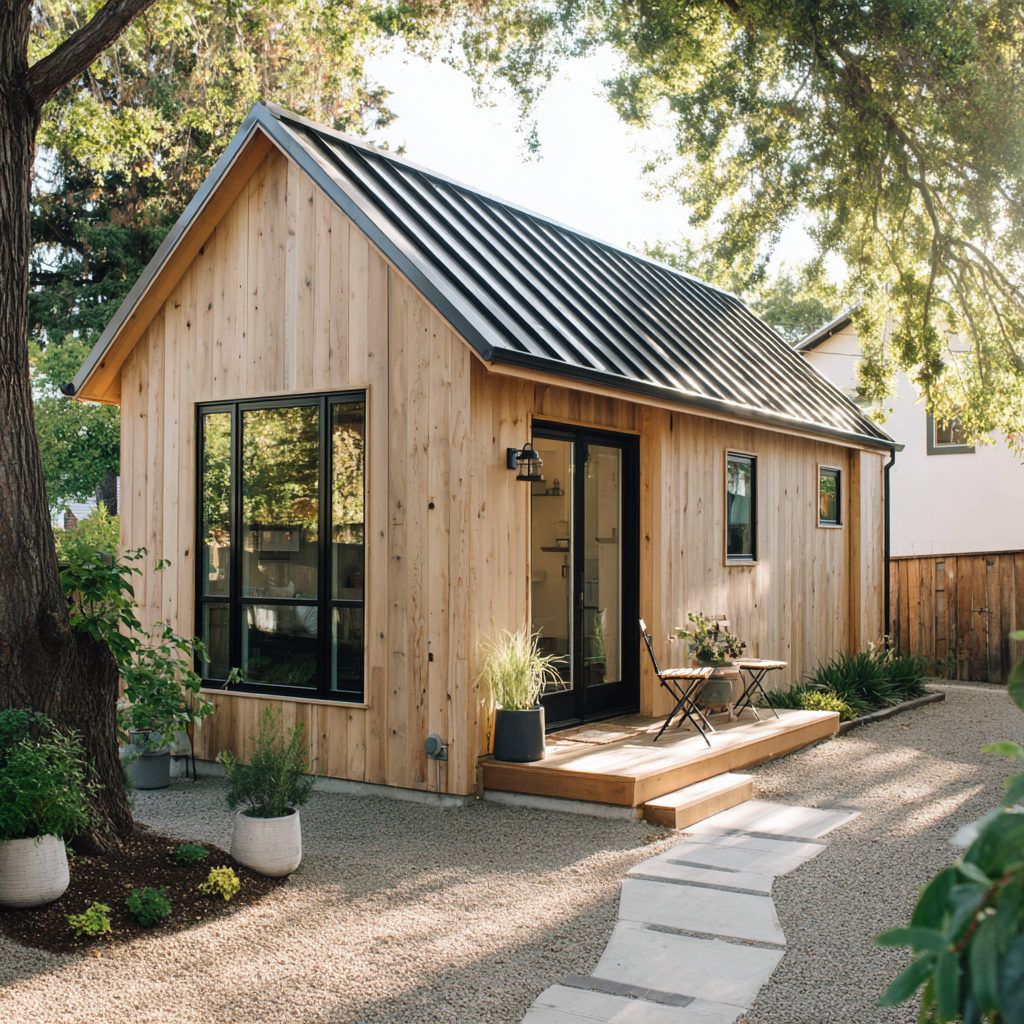 A small, modern wooden structure with a black metal roof, large windows, and a set of glass doors opens onto a small wooden deck with a bistro set, all surrounded by a gravel yard and mature trees.