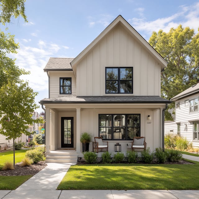 A two-story, modern farmhouse-style house with light-colored siding, a covered front porch, and black-framed windows.