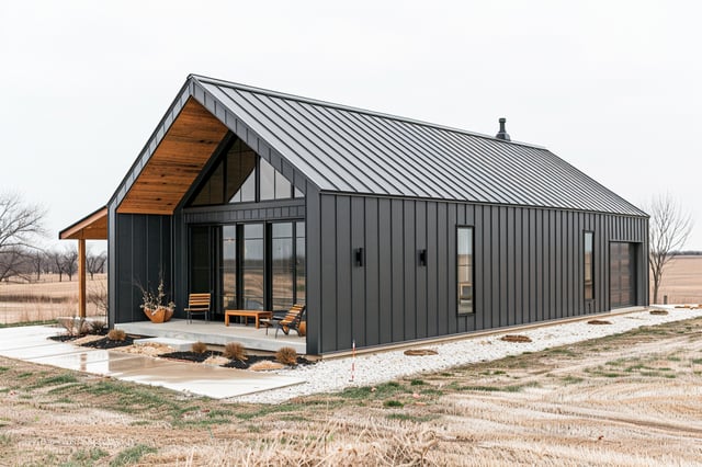 Modern black barn-style home with wood and metal siding.