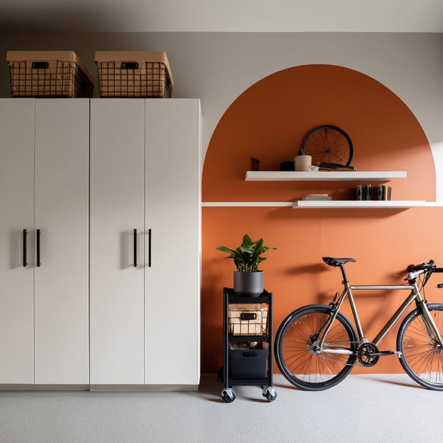Beige storage cabinets, an orange wall accent, and a bicycle.