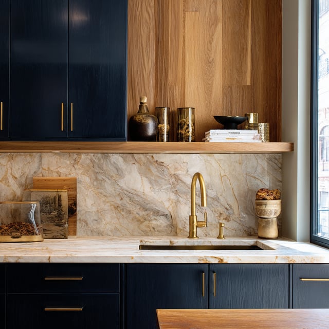 A kitchen with dark cabinets, wood paneling, and a marble backsplash.