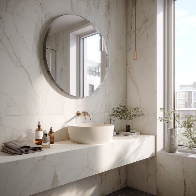 Marble bathroom with vessel sink, round mirror, and brass.