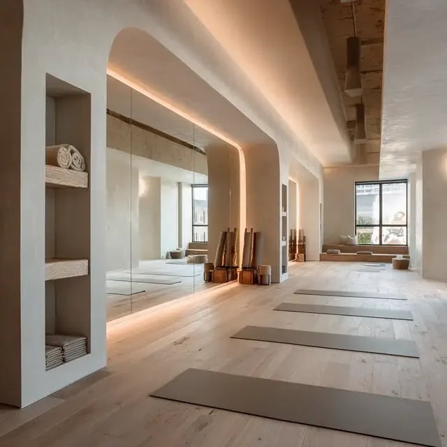Serene minimalist yoga studio with mats and warm lighting.