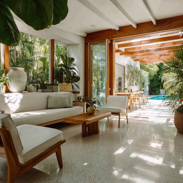 Bright, open-plan living room with wood furniture and pool view.